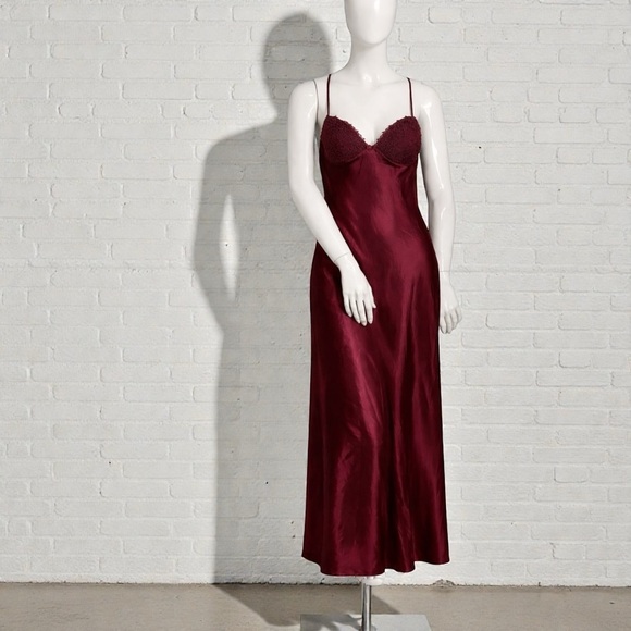 Vintage Other - Vintage Burgundy Satin Lace Trim Maxi Slip Dress • Romantic Evening 44/ L